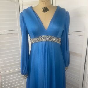 Vintage Handmade 60s 70s Jorami Renaissance Blue Hostess Gown Medium Sequins